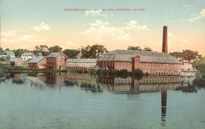 Historic postcard labeled Nemasket Mill, Middleboro, Mass., showing the mill beside the river