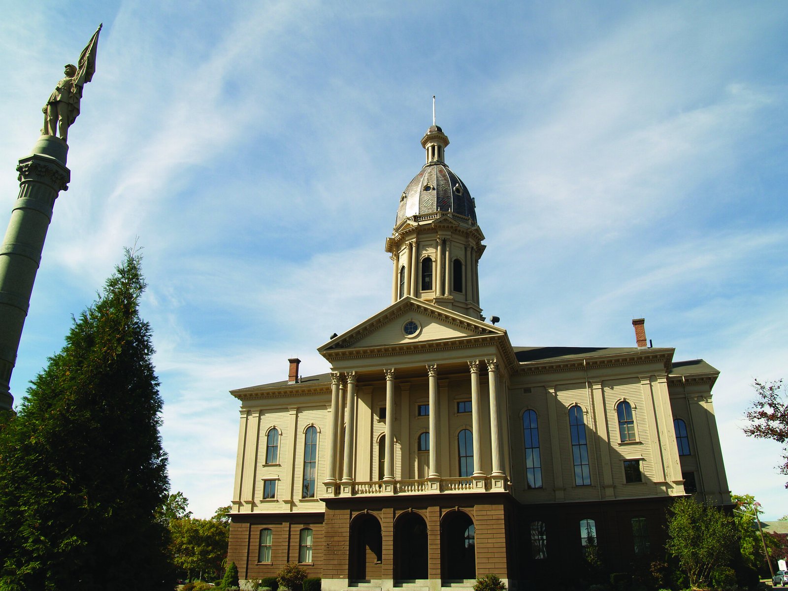 Middleborough Town Hall with dome, columned portico, and soldiers’ monument