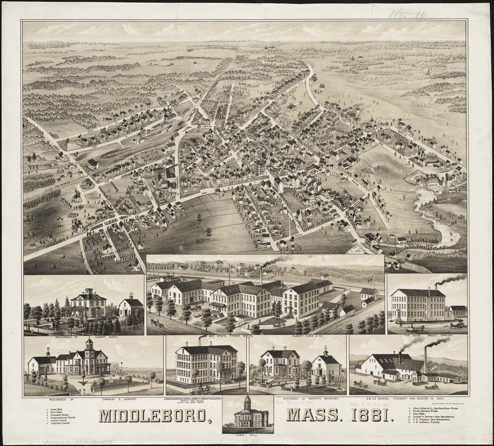 Bird’s-eye lithograph titled Middleboro, Mass. 1881, with inset views of local buildings