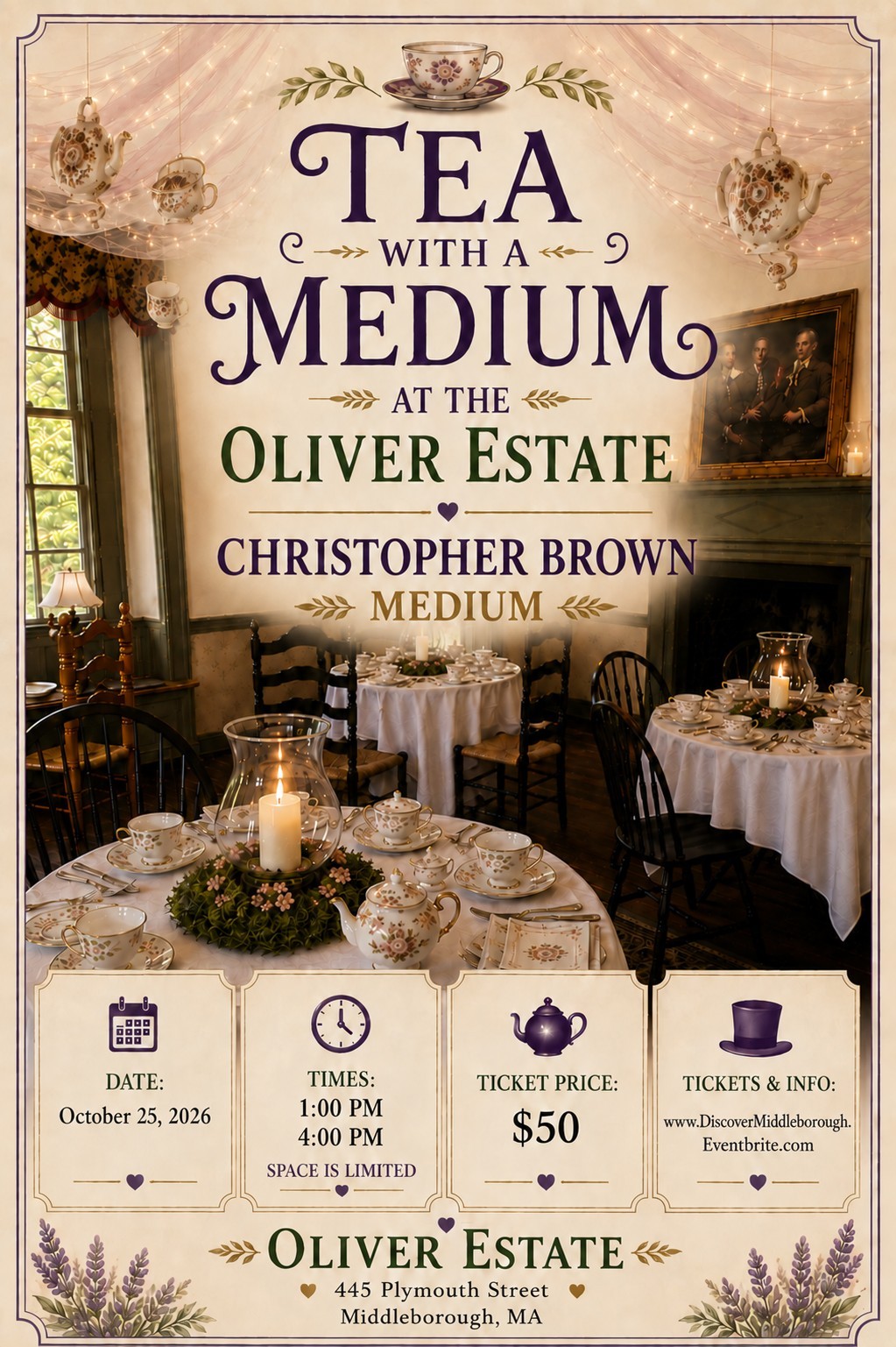 Middleborough Tourism presents Tea with a Medium at the Oliver Estate, a Spirited Halloween Season Experience image