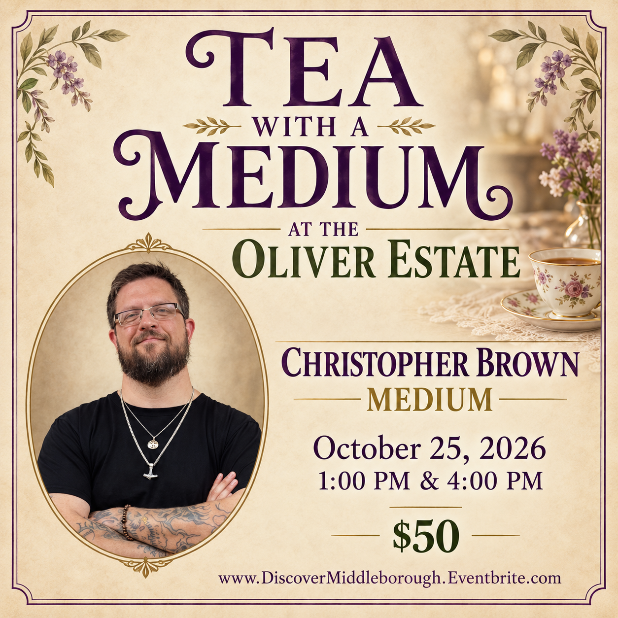 Middleborough Tourism presents Tea with a Medium at the Oliver Estate, a Spirited Halloween Season Experience image